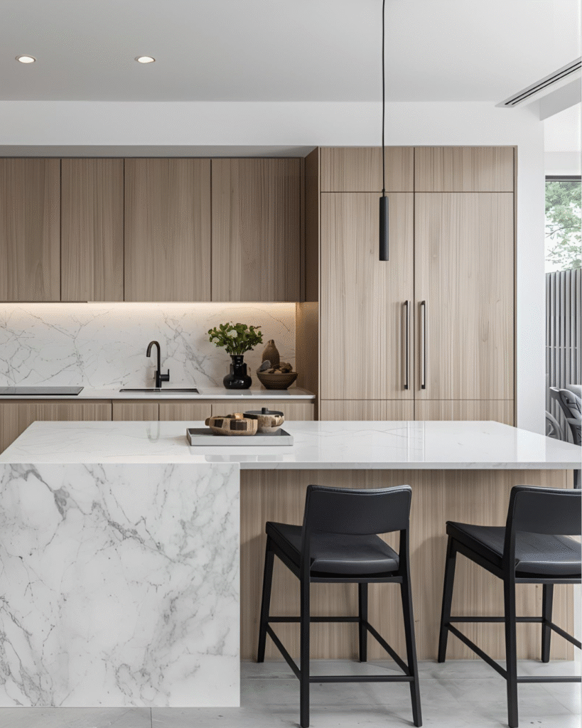 New fitted kitchen with sone worktops and feature lighting in Southampton home